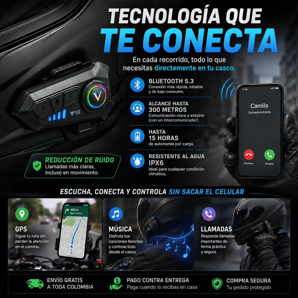 V10 MotoConnect Pro — Intercomunicador Bluetooth para Casco