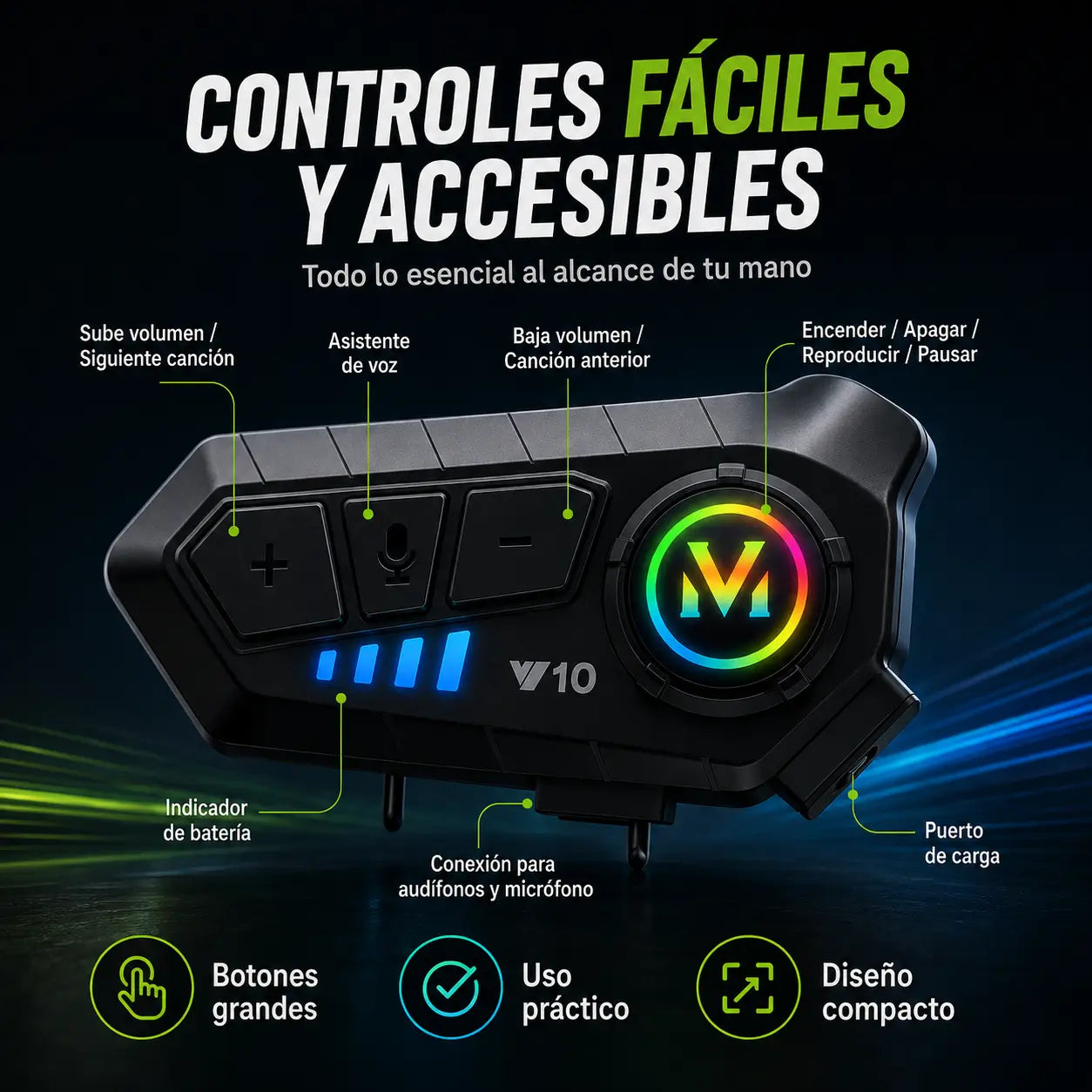 V10 MotoConnect Pro — Intercomunicador Bluetooth para Casco