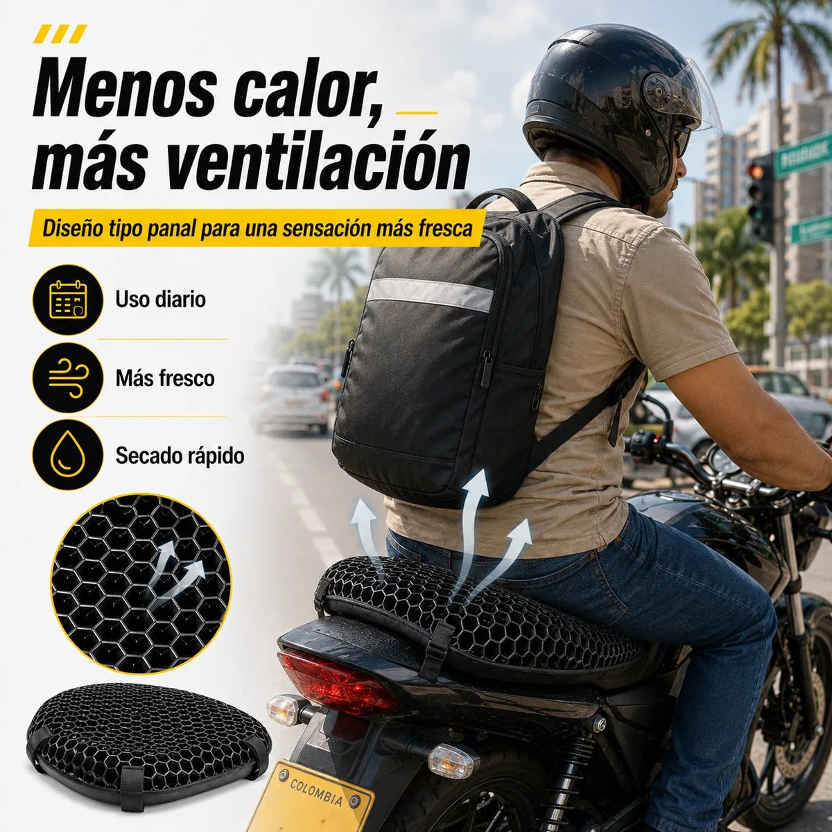 Cojín de gel ventilado para moto con secado rápido