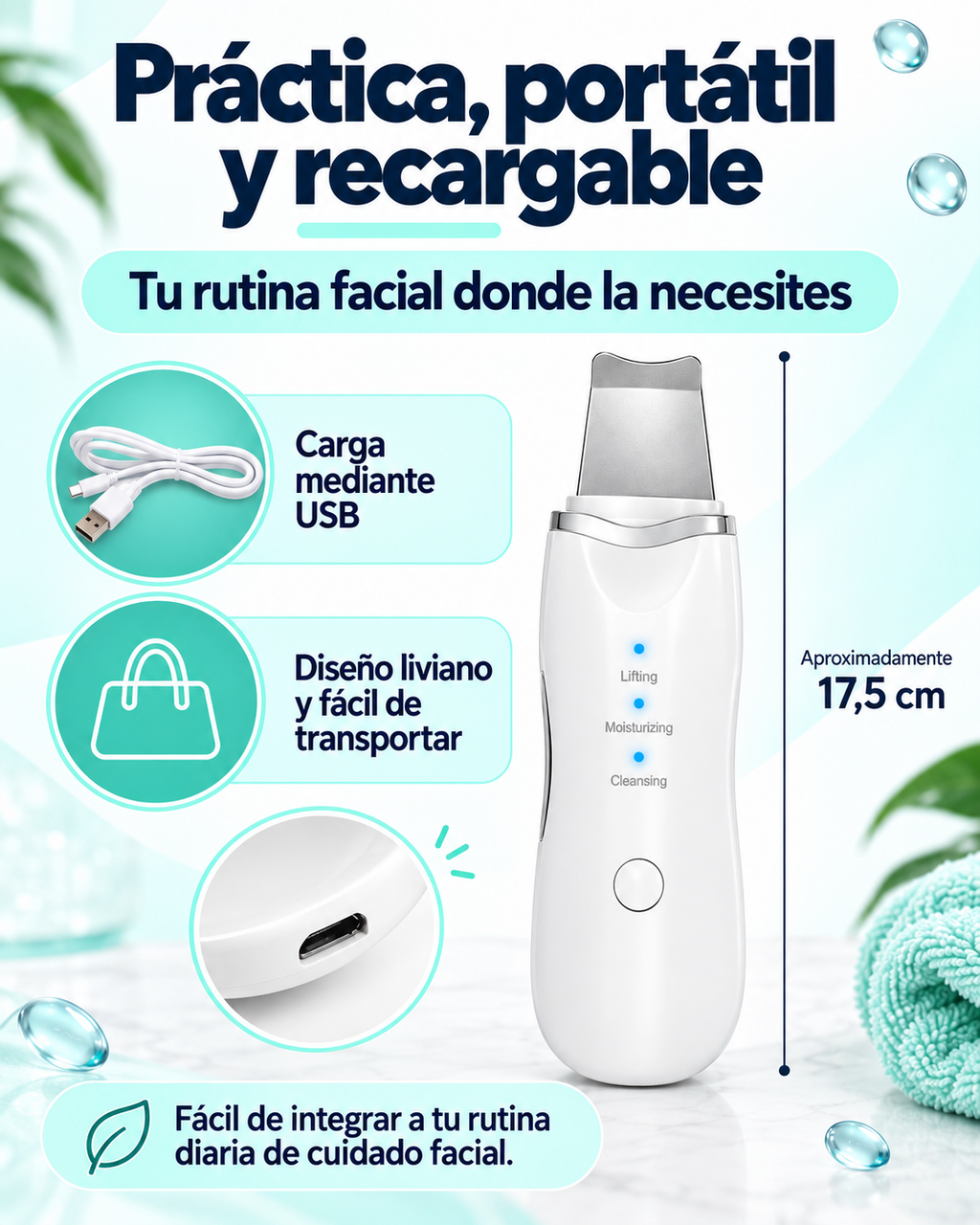Descripción 5 — Práctica, portátil y recargable
