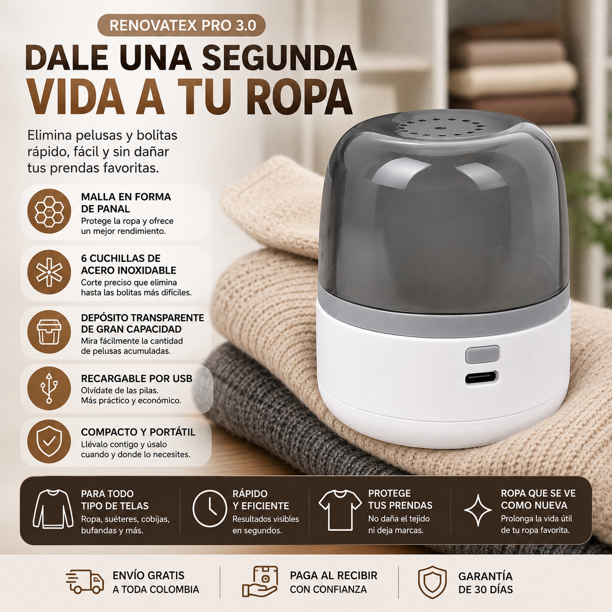 RenovaTex Pro 3.0 removedor eléctrico de pelusas y motas