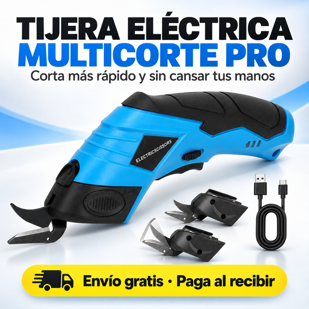 Tijera Eléctrica Multicorte Pro recargable azul y negra